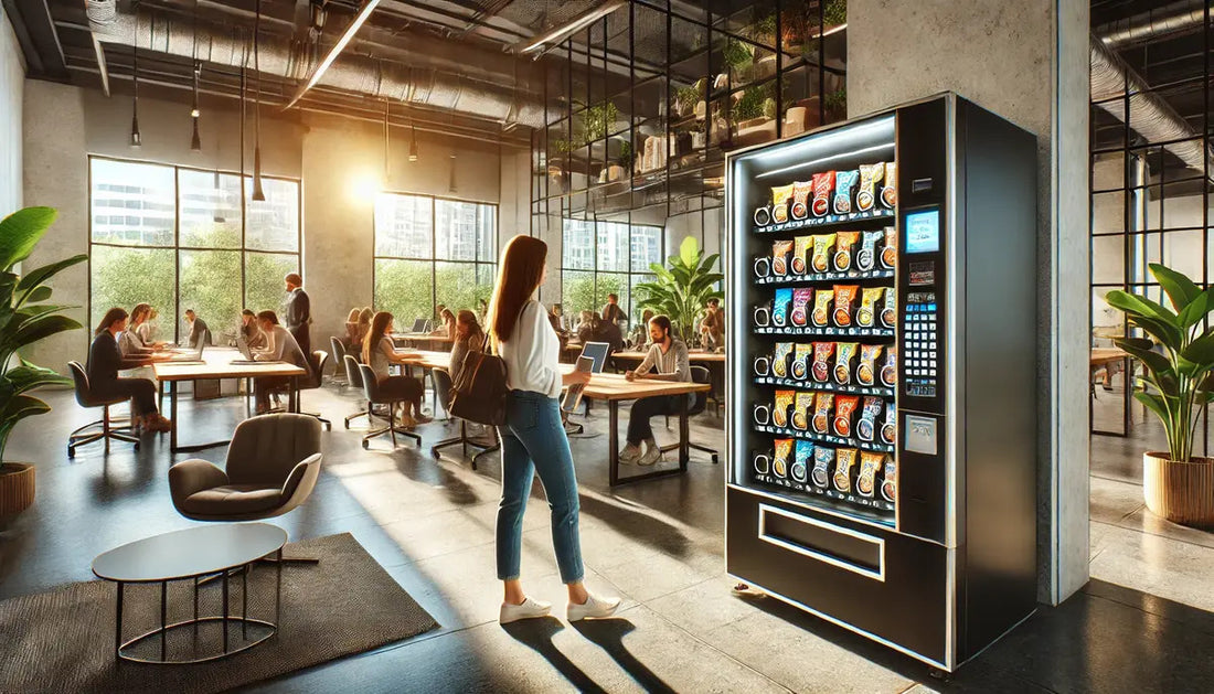 A woman using a vending machine in a coworking space