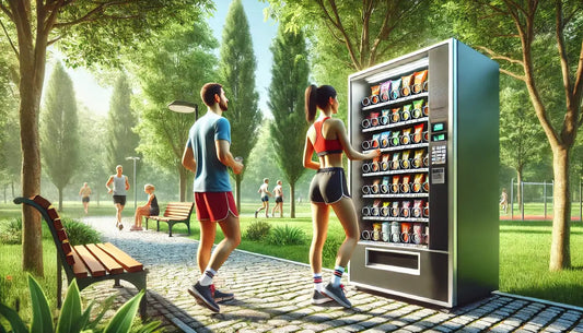 Two people using a vending machine in a park
