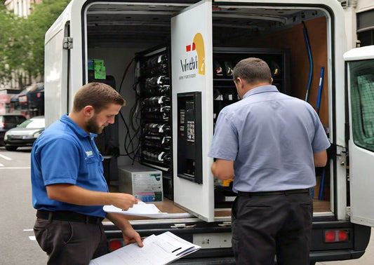 A vending machine technician holding repair checklist