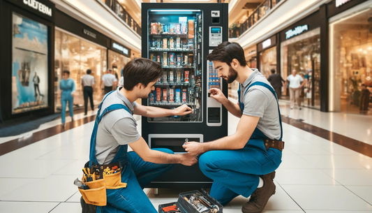 Two people checking a vending machine