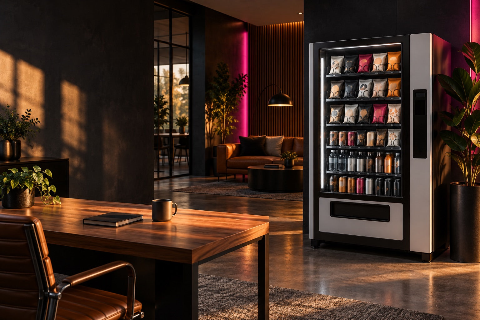 Illustrative modern vending workspace with warm light
